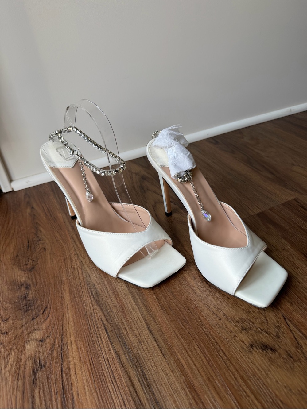 Ivory Open-Toe Stiletto Heels Rhinestone Ankle Strap Wedding Shoes Sz 41/ 9.5 - Picture 4 of 7